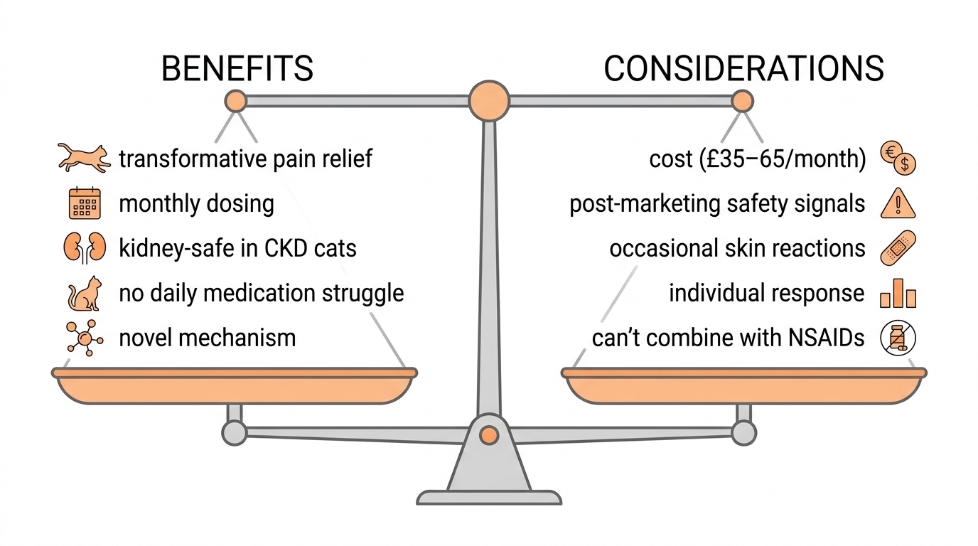 A balanced set of scales infographic, shown level, weighing Solensia's benefits (transformative pain relief, monthly dosing, kidney-safe in CKD cats, no daily medication struggle) against its considerations (cost, post-marketing safety signals, occasional skin reactions, individual response, not combined with NSAIDs), soft orange and grey flat design
