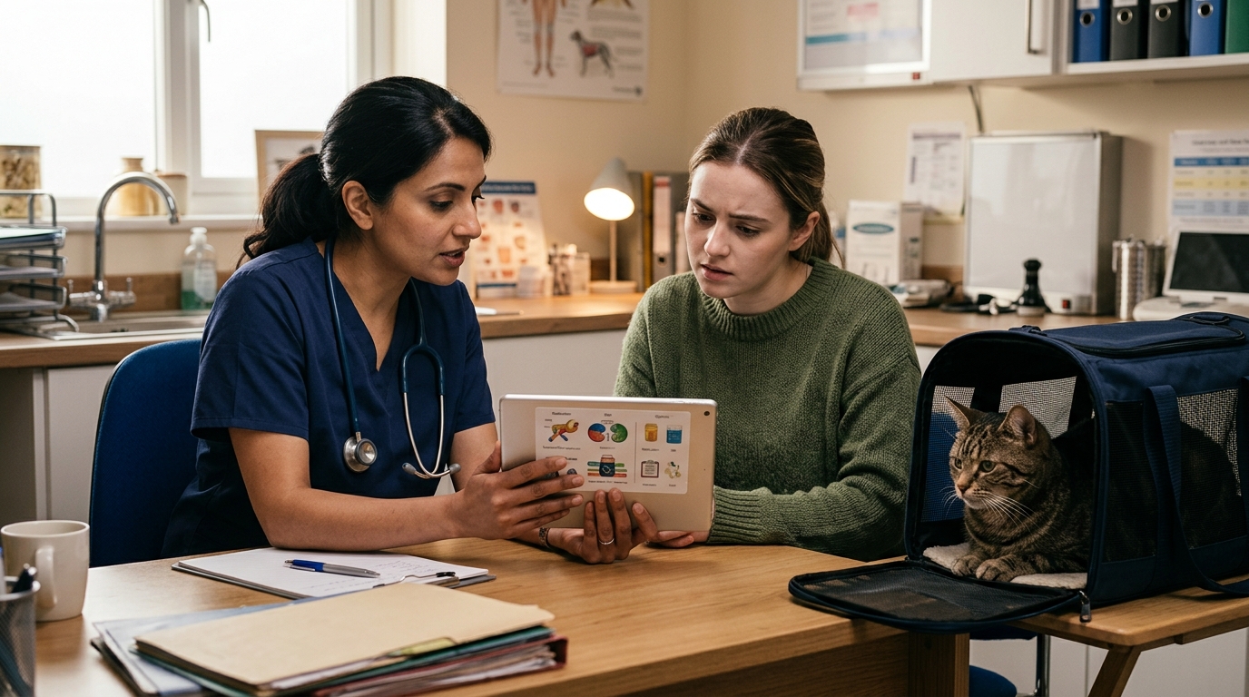 A vet and cat owner in earnest discussion at a consulting-room desk, looking at a tablet of treatment options, the cat resting calmly in a carrier nearby, soft consulting-room light