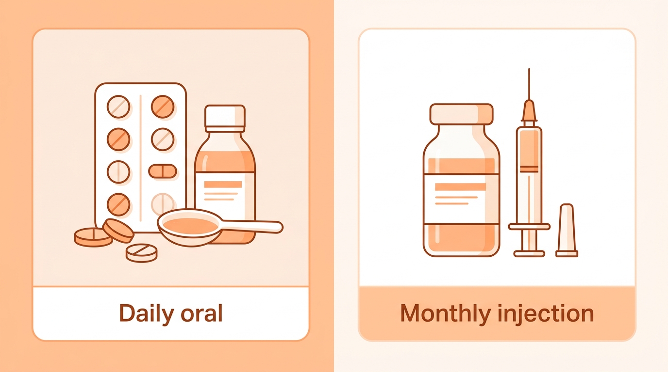 A side-by-side comparison illustration: daily oral medication (tablets and liquid) on one side versus a monthly injection vial on the other, labelled daily oral and monthly injection, soft orange and white flat design