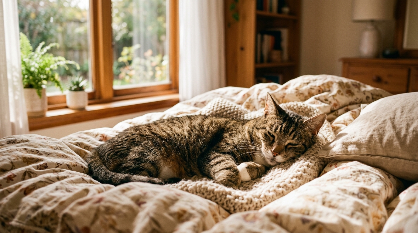 A serene senior tabby cat lying contentedly on a warm bed in a sunlit room, eyes half-closed in relaxation, soft afternoon light