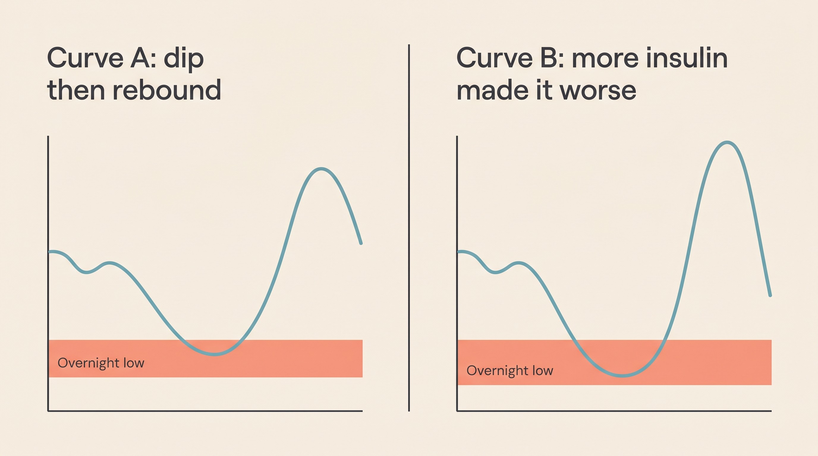 Two-panel card on cream. Curve A shows a glucose line dipping into a red hypoglycaemia zone overnight then rebounding to a high morning reading; the owner raises the dose. Curve B shows a deeper dip and an even higher rebound, labelled "more insulin made it worse."