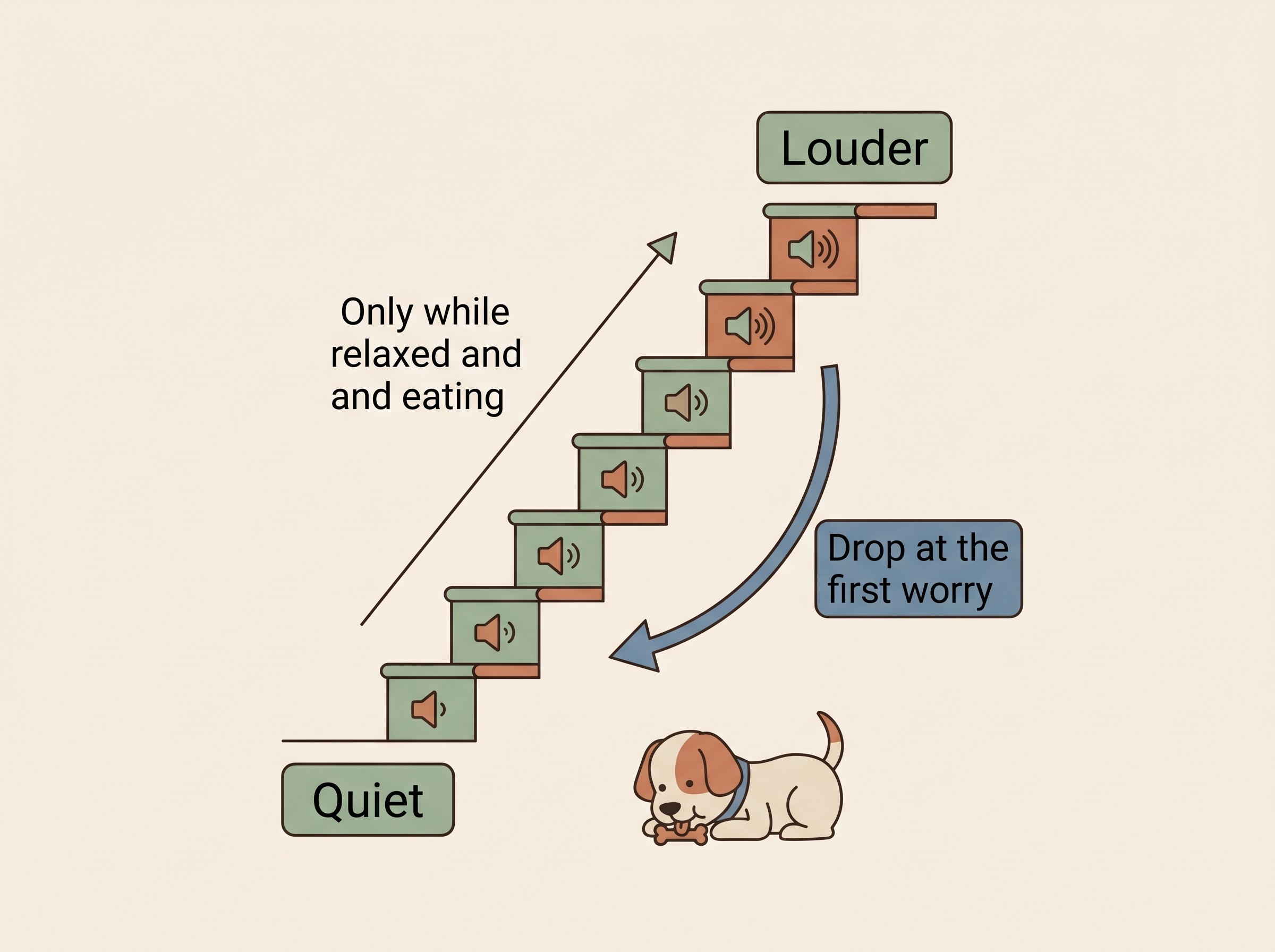A simple ladder diagram showing volume rising in small steps only while the dog stays relaxed and eating, with an arrow pointing back down at the first sign of worry