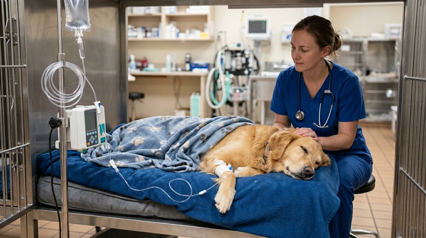 A dog resting comfortably on a padded clinic bed with a gentle intravenous line during a monitored infusion, a veterinary nurse attending calmly, soft clinical light