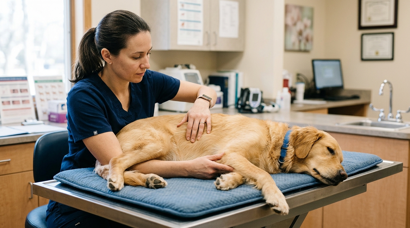 A veterinary pain specialist performing a careful, methodical hands-on assessment of a dog's spine and limbs, the dog relaxed, a clinical but warm setting