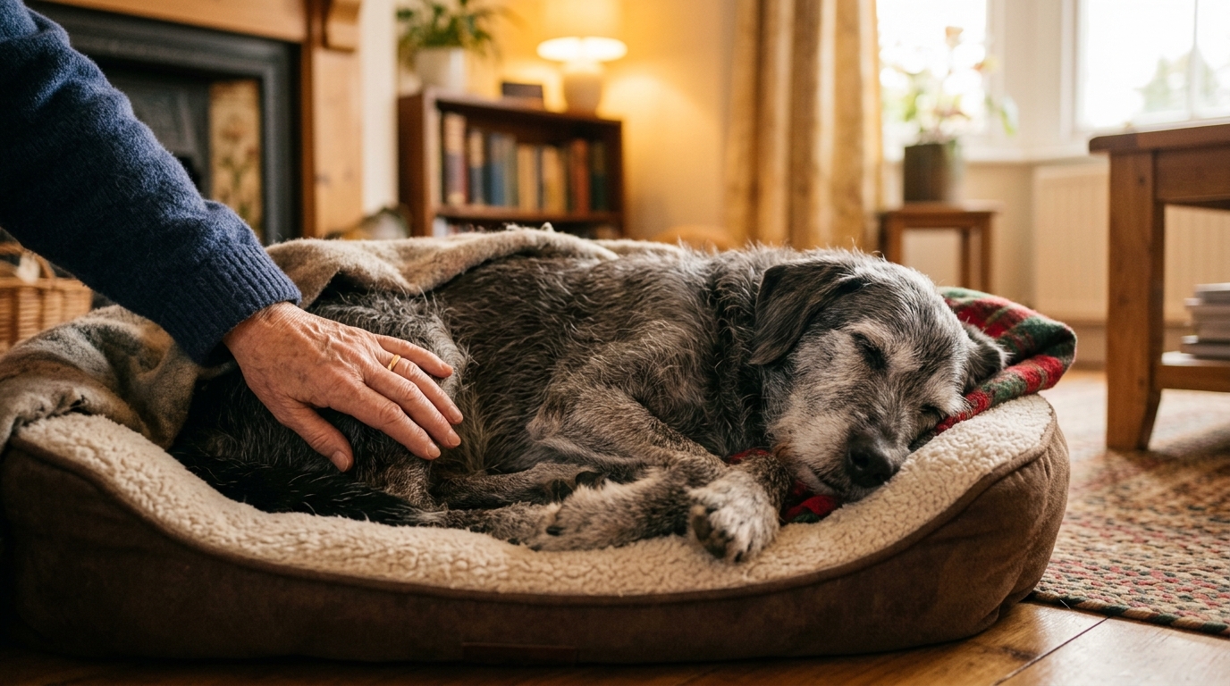 A senior dog sleeping peacefully and deeply in a warm home setting, an owner's hand resting gently on them, soft evening light