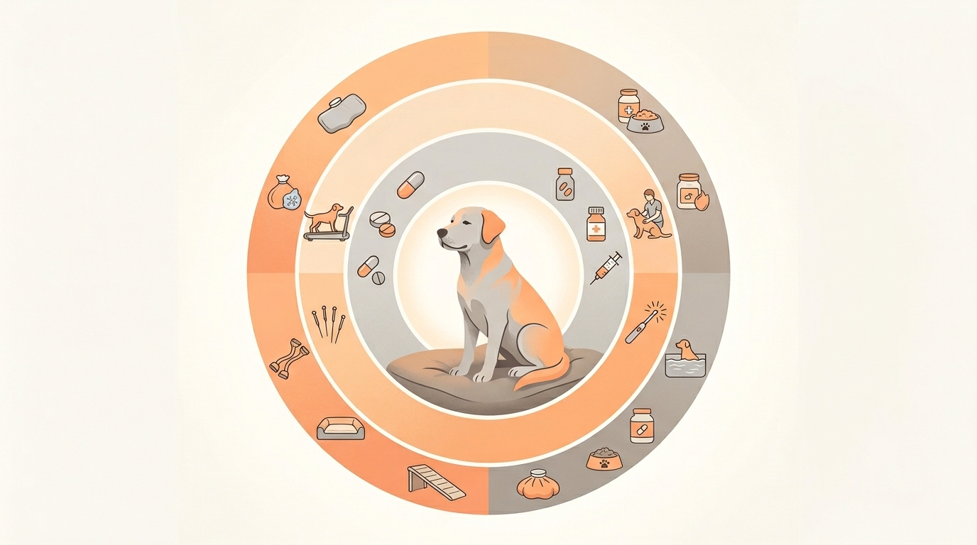 A clean conceptual illustration of a layered pain-management approach, several treatment types arranged around a central calm dog, soft orange and grey palette, minimal editorial design