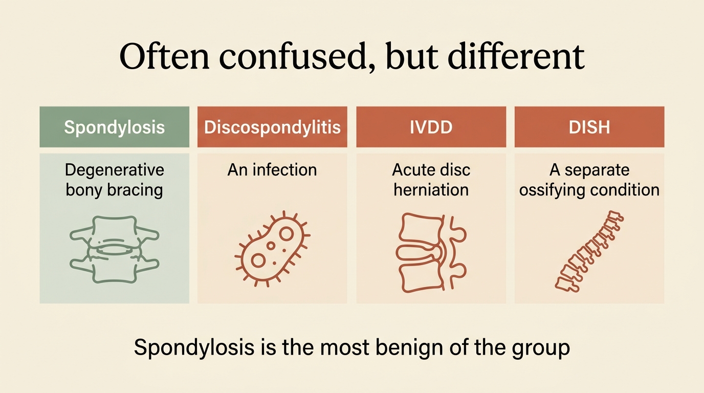 A comparison card distinguishing spondylosis from discospondylitis, IVDD and DISH
