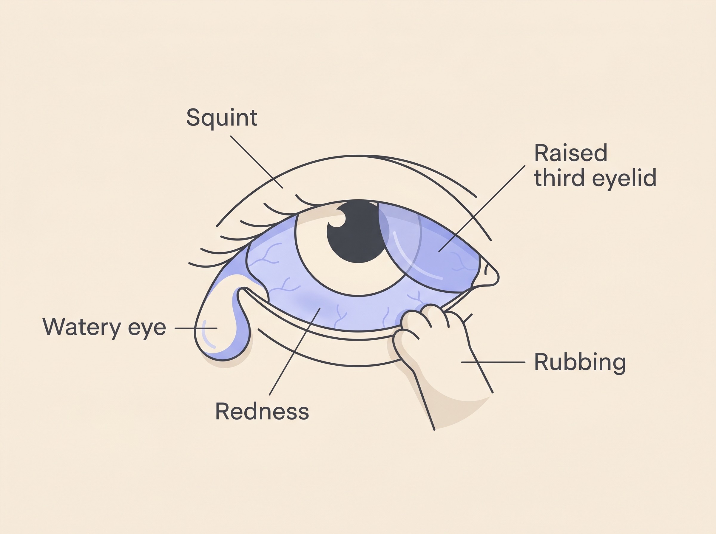 Labelled flat illustration on cream of a pet's eye showing the visible signs of eye pain: a squinting half-closed eye, redness, a watery overflowing tear, a raised third eyelid across the inner corner, and a paw rubbing at the eye