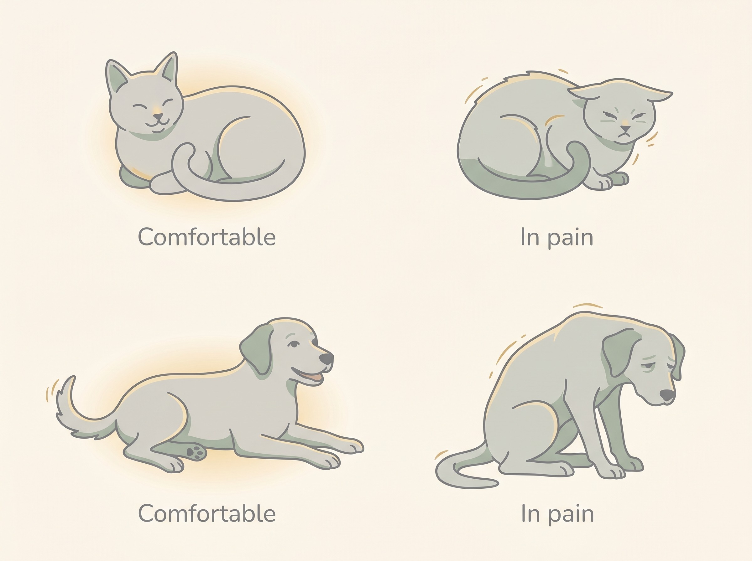 Subtle signs of pain in a cat and a dog: a relaxed pet beside one showing quiet signs of pain such as a hunched posture, reduced grooming, flattened and rotated ears and squinted eyes