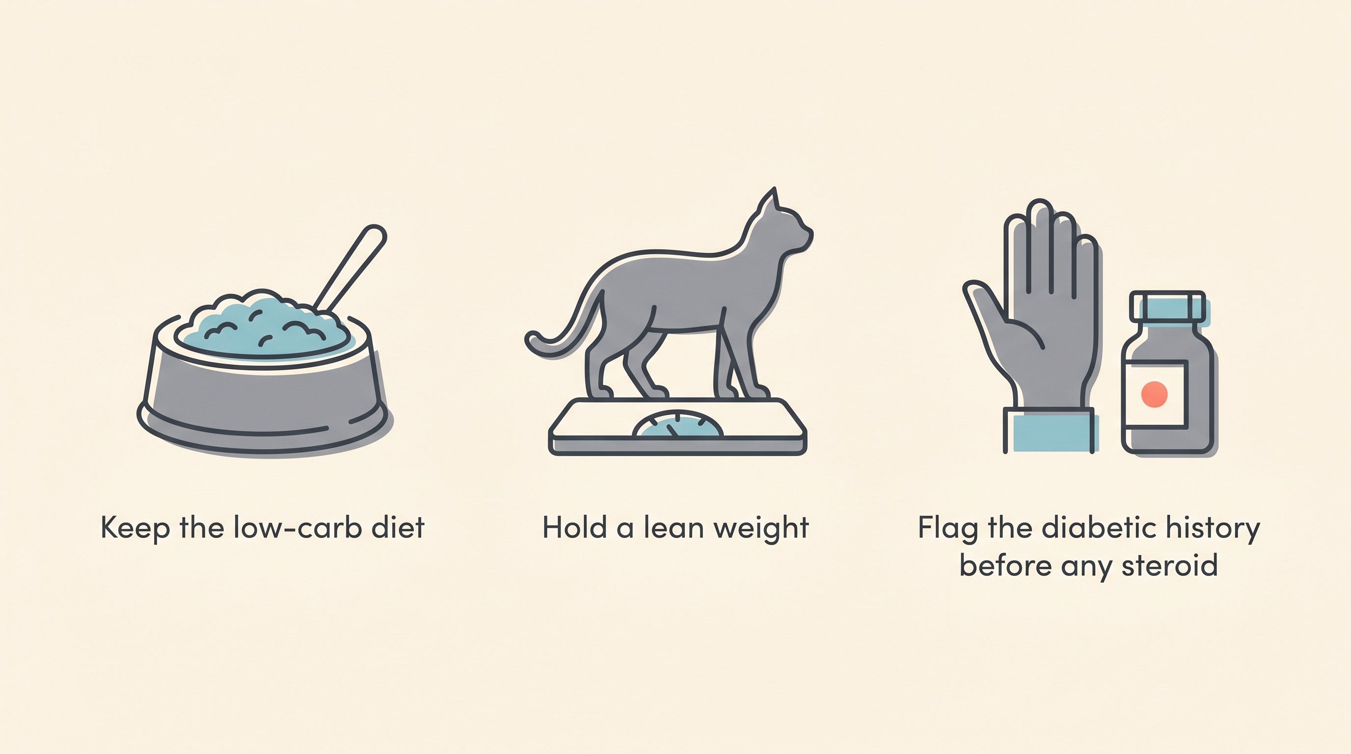Three flat icons on a cream background: a bowl of wet food labelled "keep the low-carb diet", a lean cat on scales labelled "hold a lean weight", and a hand raised by a pill bottle labelled "flag the diabetic history before any steroid".