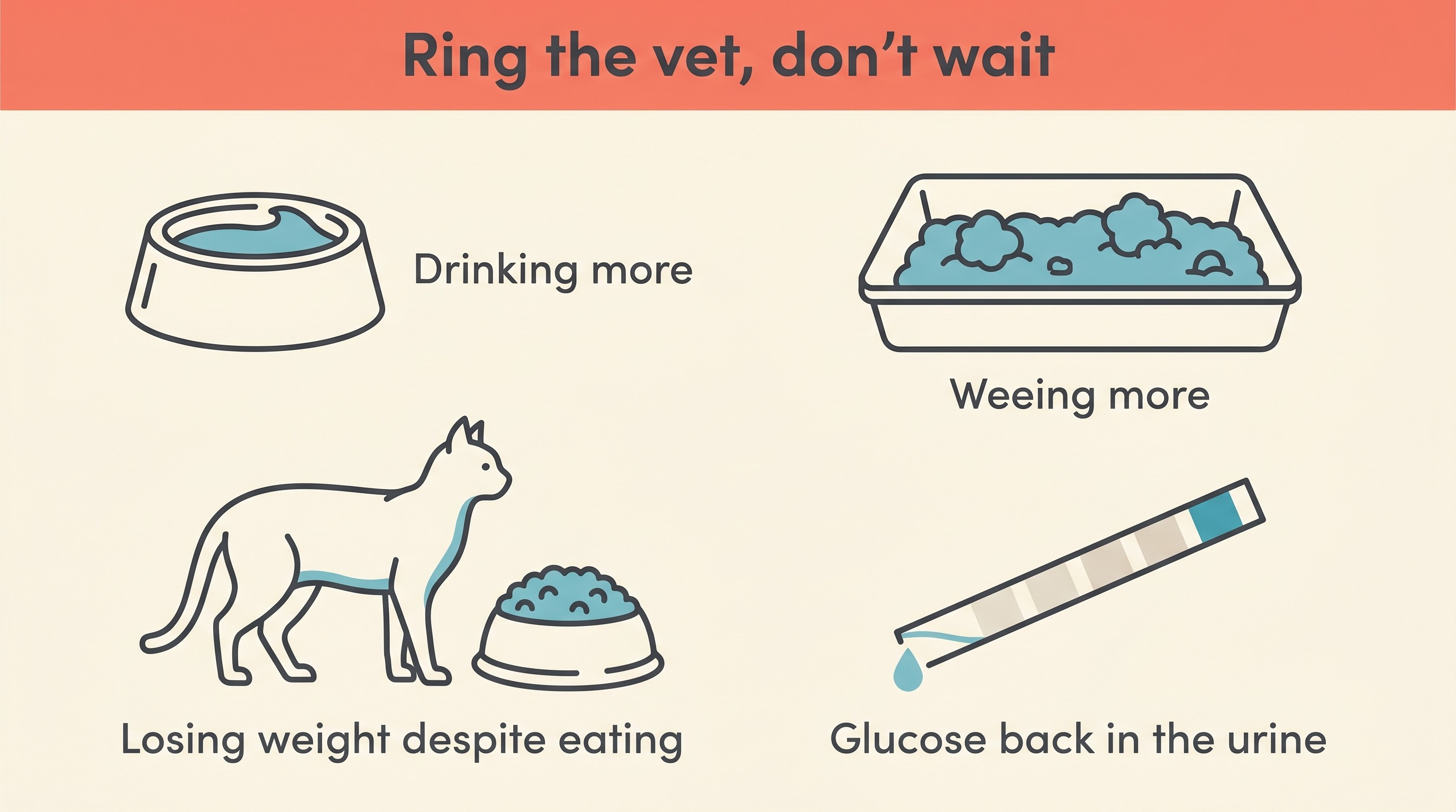 Flat-icon panel on a cream background showing four relapse warning signs for a cat in remission: a water bowl labelled "drinking more", a litter tray with larger clumps labelled "weeing more", a thin cat by a full food bowl labelled "losing weight despite eating", and a urine dipstick labelled "glucose back in the urine", under a banner reading "ring the vet, don't wait".