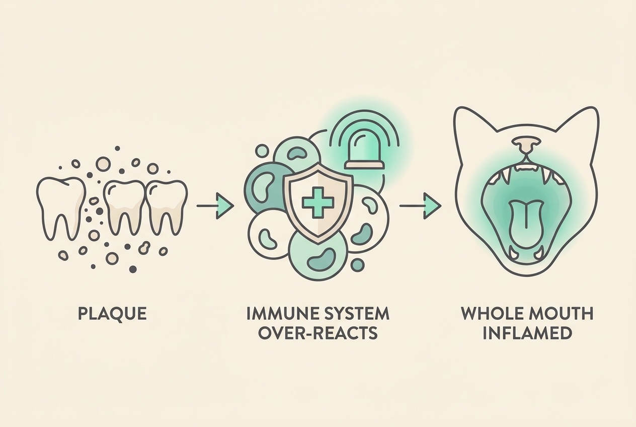A flat diagram showing plaque on the teeth triggering an over-reacting immune system, which inflames the entire mouth