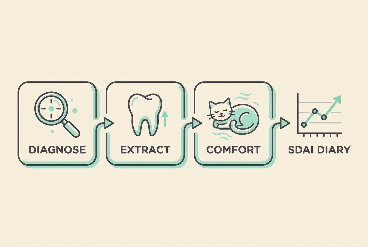 A three-step pathway reading "DIAGNOSE, EXTRACT, COMFORT" ending in a small tracking-chart icon