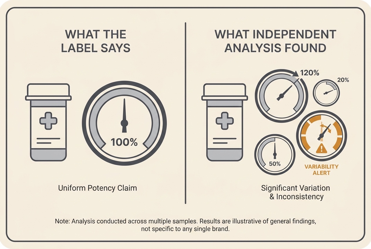 A two-column card contrasting "WHAT THE LABEL SAYS" against "WHAT INDEPENDENT ANALYSIS FOUND", with a small warning marker