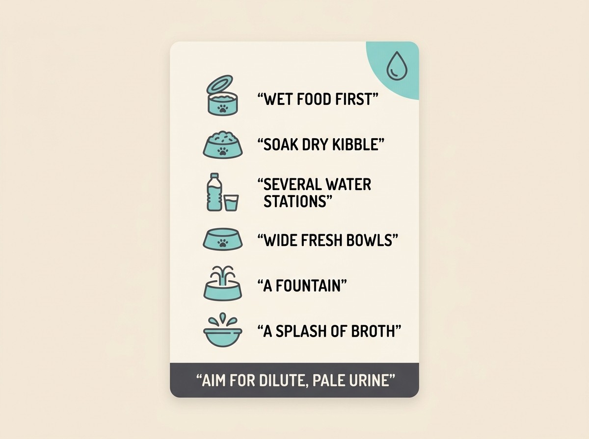 Flat vector tactics card on cream listing ways to get more water into a pet: WET FOOD FIRST, SOAK DRY KIBBLE, SEVERAL WATER STATIONS, WIDE FRESH BOWLS, A FOUNTAIN, A SPLASH OF BROTH, with a small aqua water-drop motif and a footer reading AIM FOR DILUTE, PALE URINE.