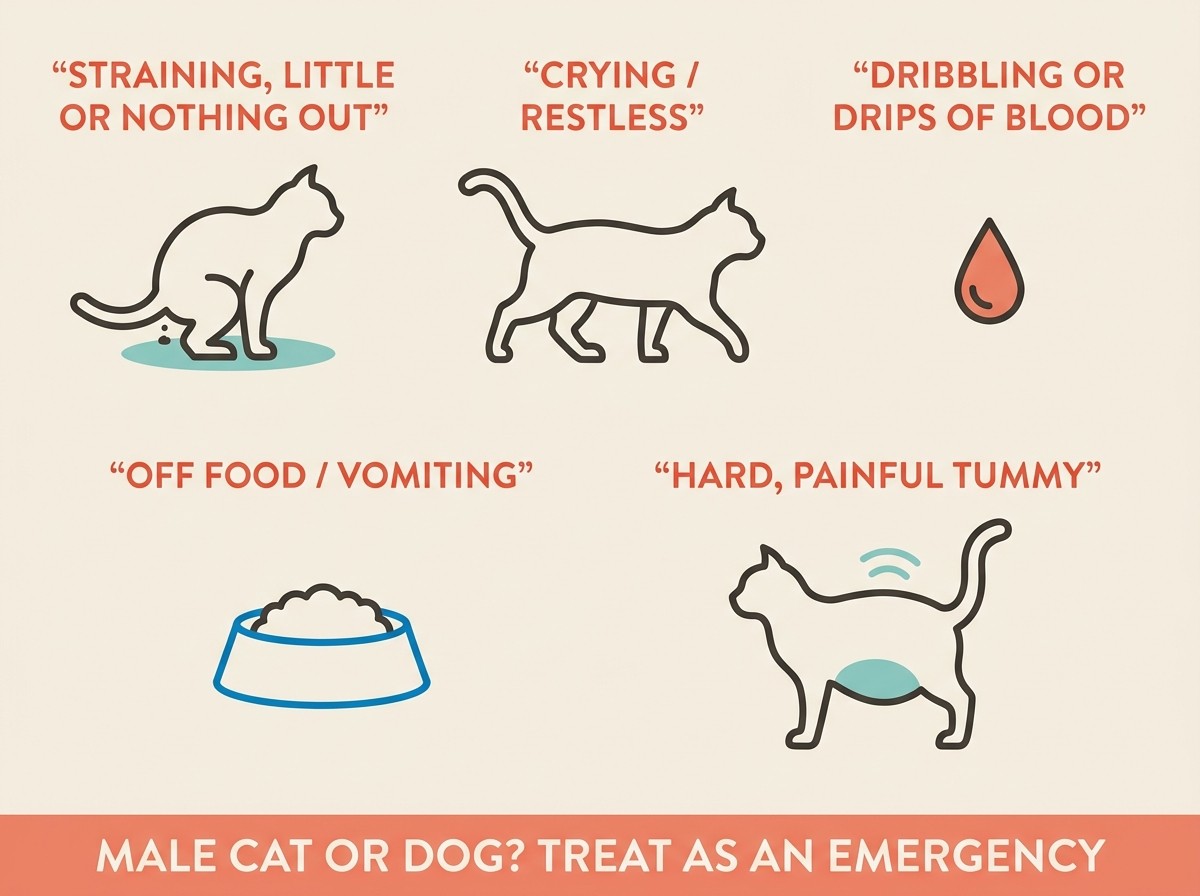 Flat vector red-flag icon grid on cream. Coral headers reading "STRAINING, LITTLE OR NOTHING OUT", "CRYING / RESTLESS", "DRIBBLING OR DRIPS OF BLOOD", "OFF FOOD / VOMITING", "HARD, PAINFUL TUMMY". A footer band in coral reads "MALE CAT OR DOG? TREAT AS AN EMERGENCY".