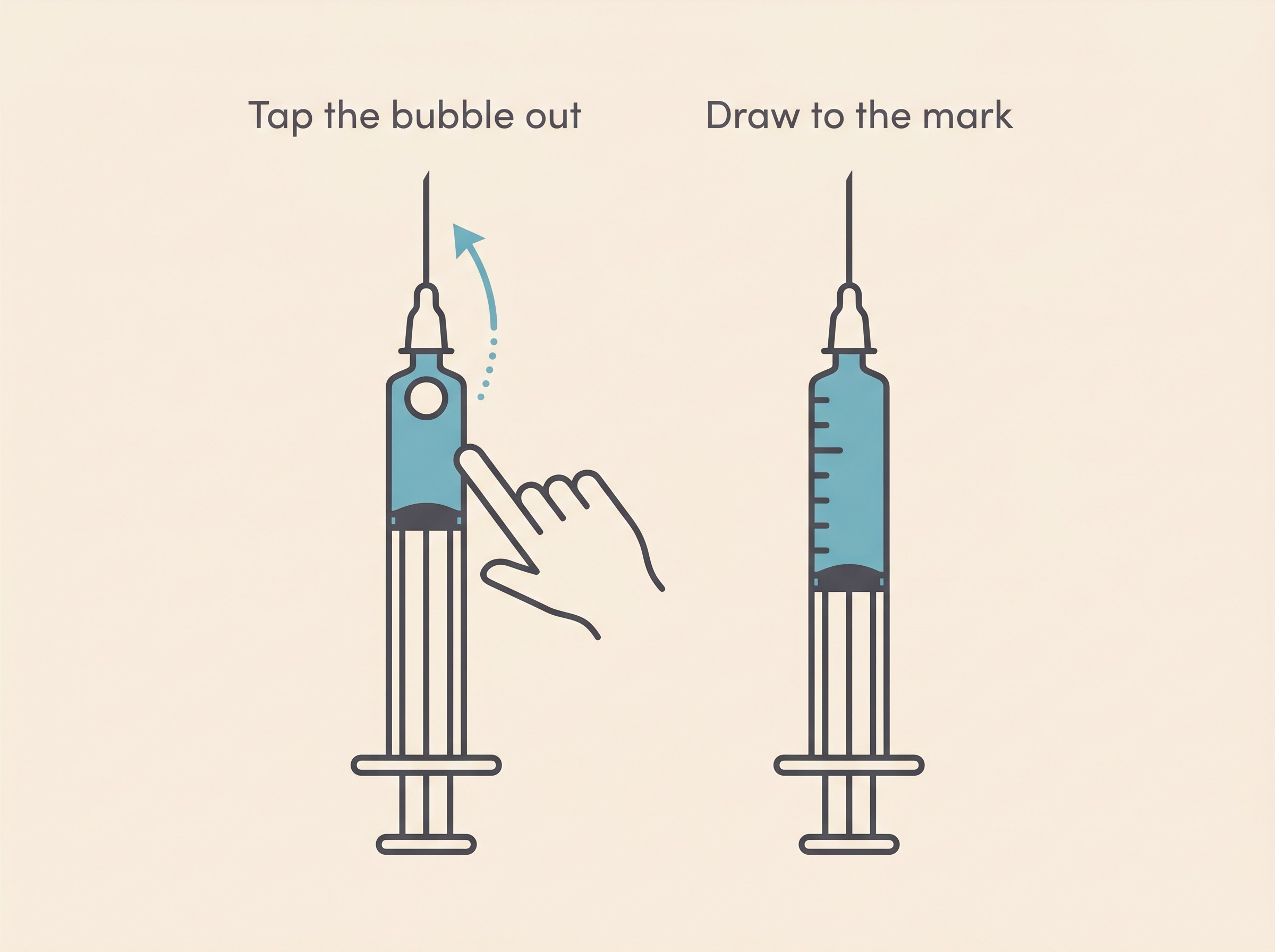 Insulin syringe held upright with one air bubble at the top, beside a clean syringe drawn to the correct mark
