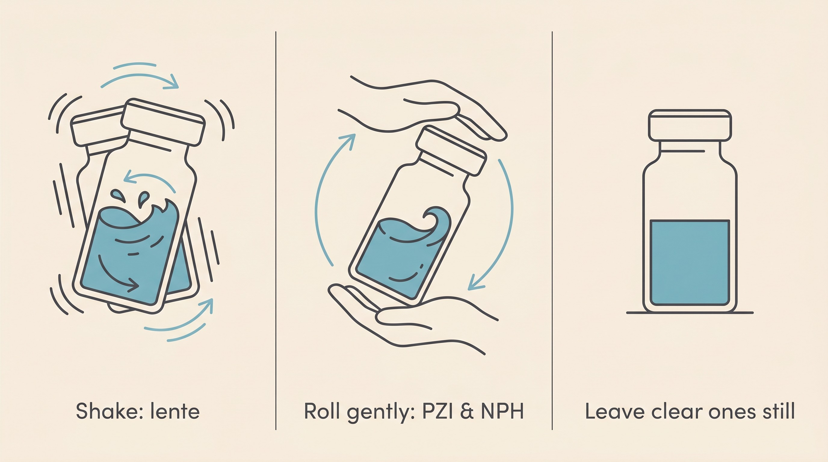 Three-panel diagram: shake porcine lente, gently roll PZI and NPH, leave clear insulins alone