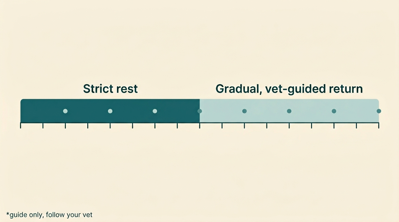 A simple timeline strip showing strict rest first, then a gradual vet-guided return to activity