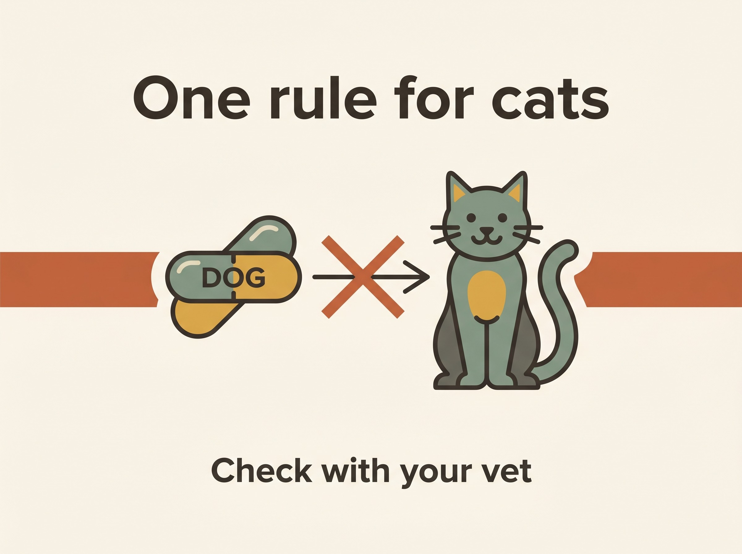 A calm but firm flat-vector safety callout titled "One rule for cats", on an oat-cream field with a single terracotta warning band. It shows a dog-labelled supplement capsule with an arrow crossed out toward a cat, and the words "Never give a cat a dog's brain supplement without checking. The dog formulation of Aktivait contains alpha-lipoic acid, which is toxic to cats. Only the feline formulation is safe." Warm-slate text, terracotta reserved for the warning only.