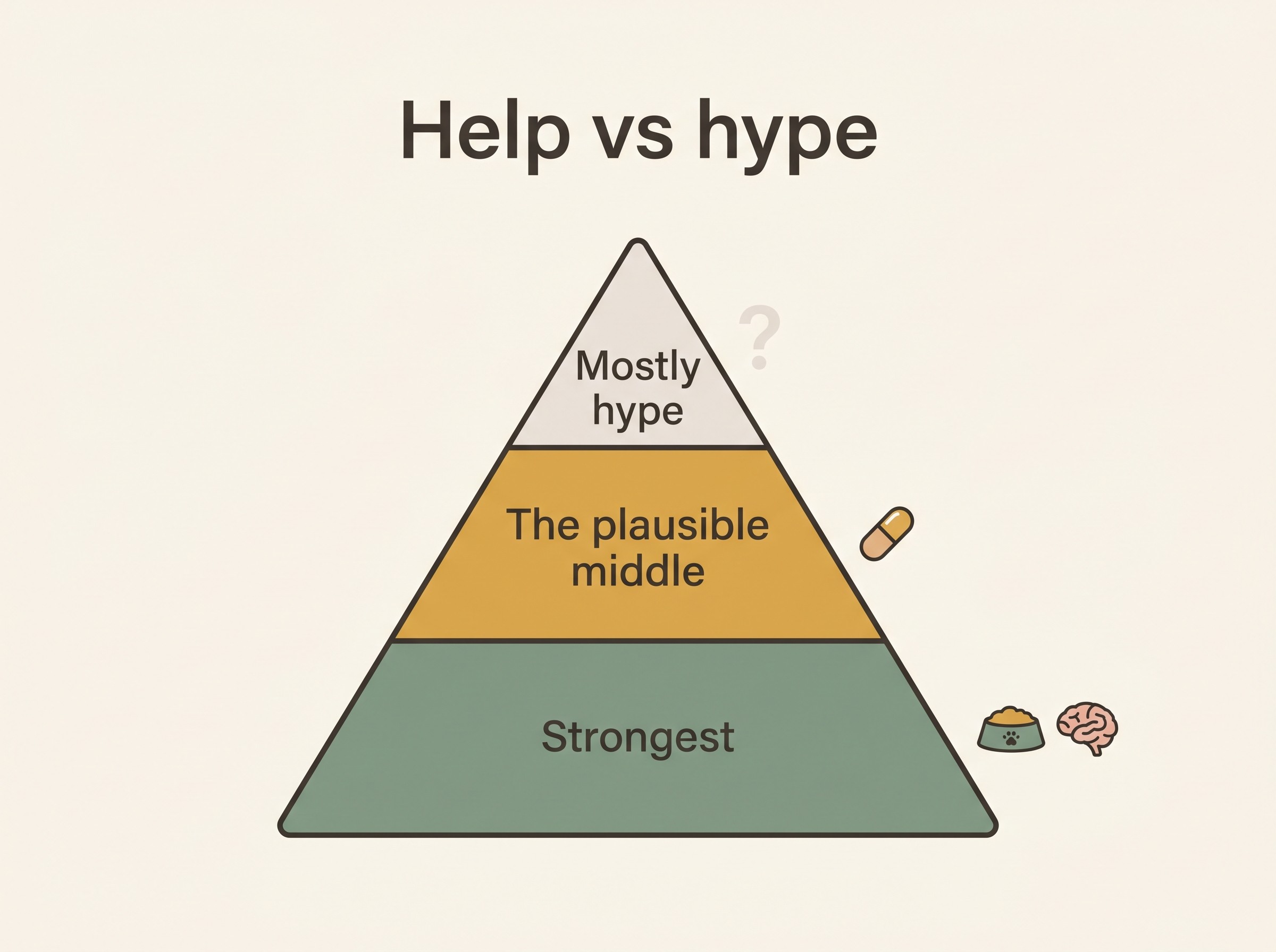 A flat-vector pyramid titled "Help vs hype: what actually has evidence", with three bands. The wide base in sage-green reads "Strongest: treat the real problem, and feed the brain (a cognitive diet, the MCT and antioxidant approach, mental enrichment)". The honey-gold middle band reads "The plausible middle: some supplements and prescription options, modest and variable benefit, ask your vet". A small pale top band reads "Mostly hype: unproven brain boosters and bold cure claims". Oat-cream background, warm-slate labels.