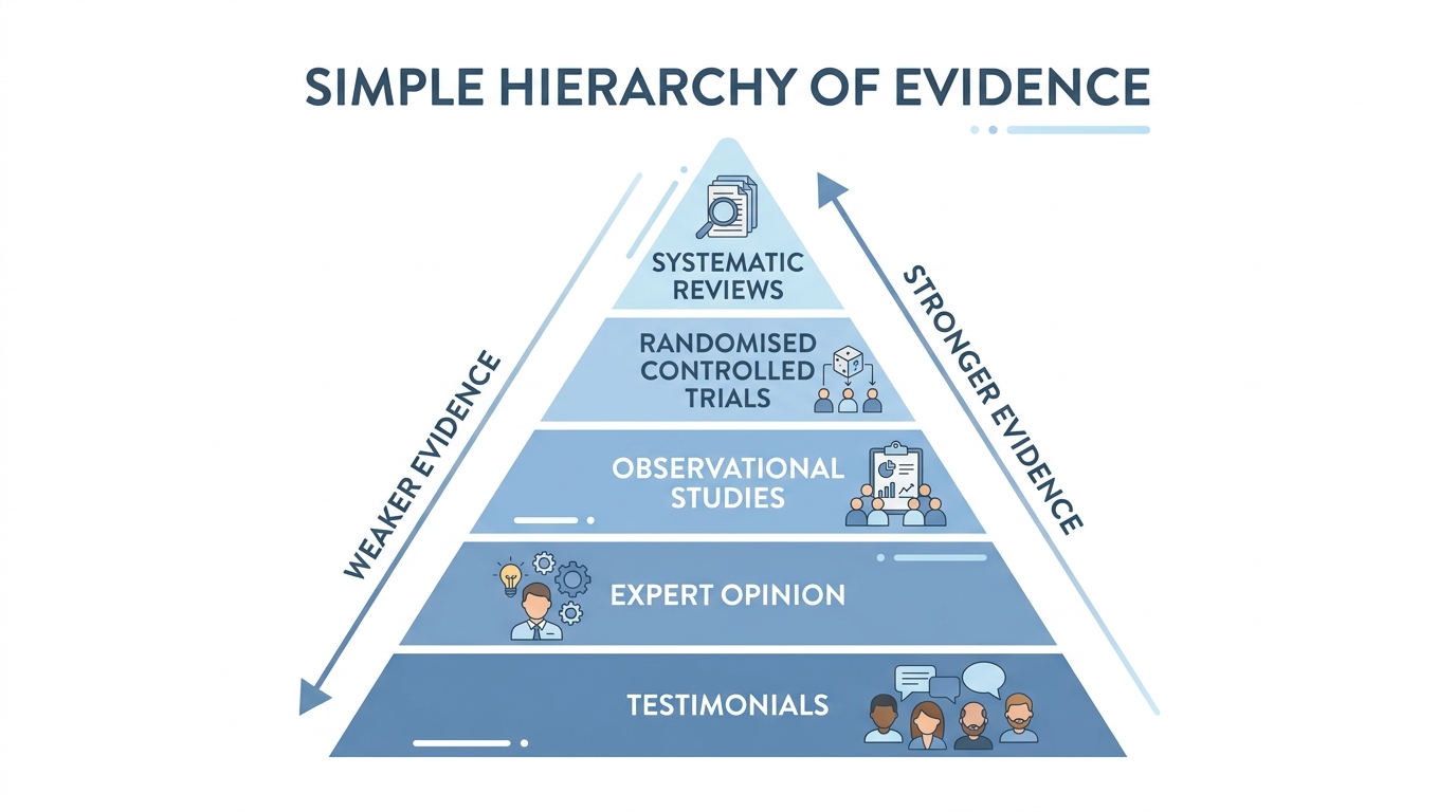A hierarchy-of-evidence diagram: systematic reviews at the top, then randomised trials, observational studies, expert opinion, and testimonials at the base, soft blue flat design