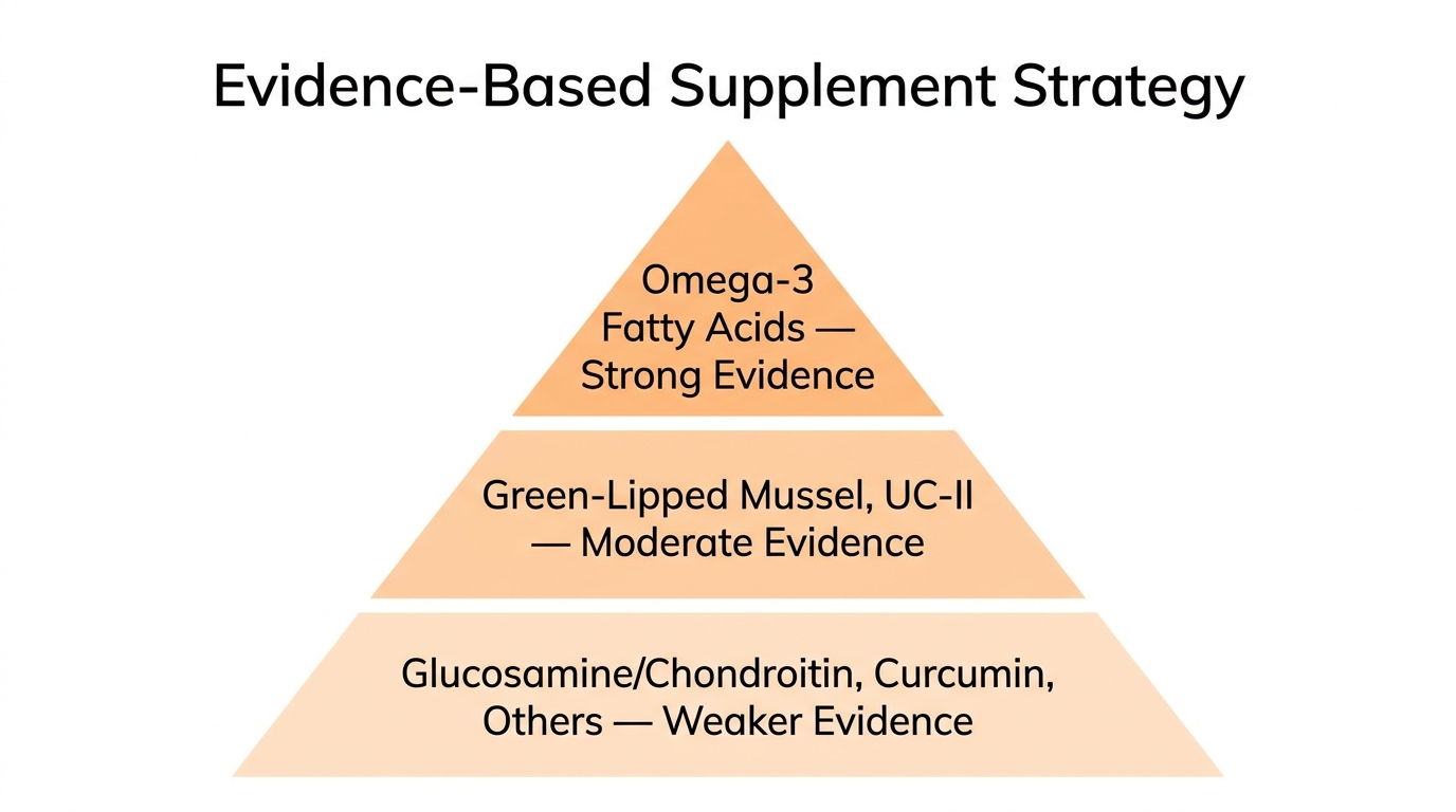A three-tier pyramid infographic titled Evidence-Based Supplement Strategy: omega-3 at the top, green-lipped mussel and UC-II in the middle, glucosamine and others at the wide base, soft orange accent on white