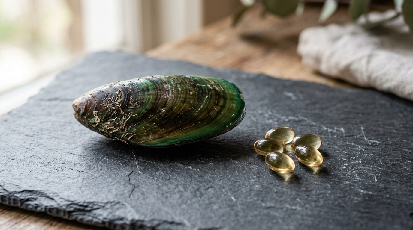 A New Zealand green-lipped mussel shell on a slate surface beside small supplement capsules, soft natural light