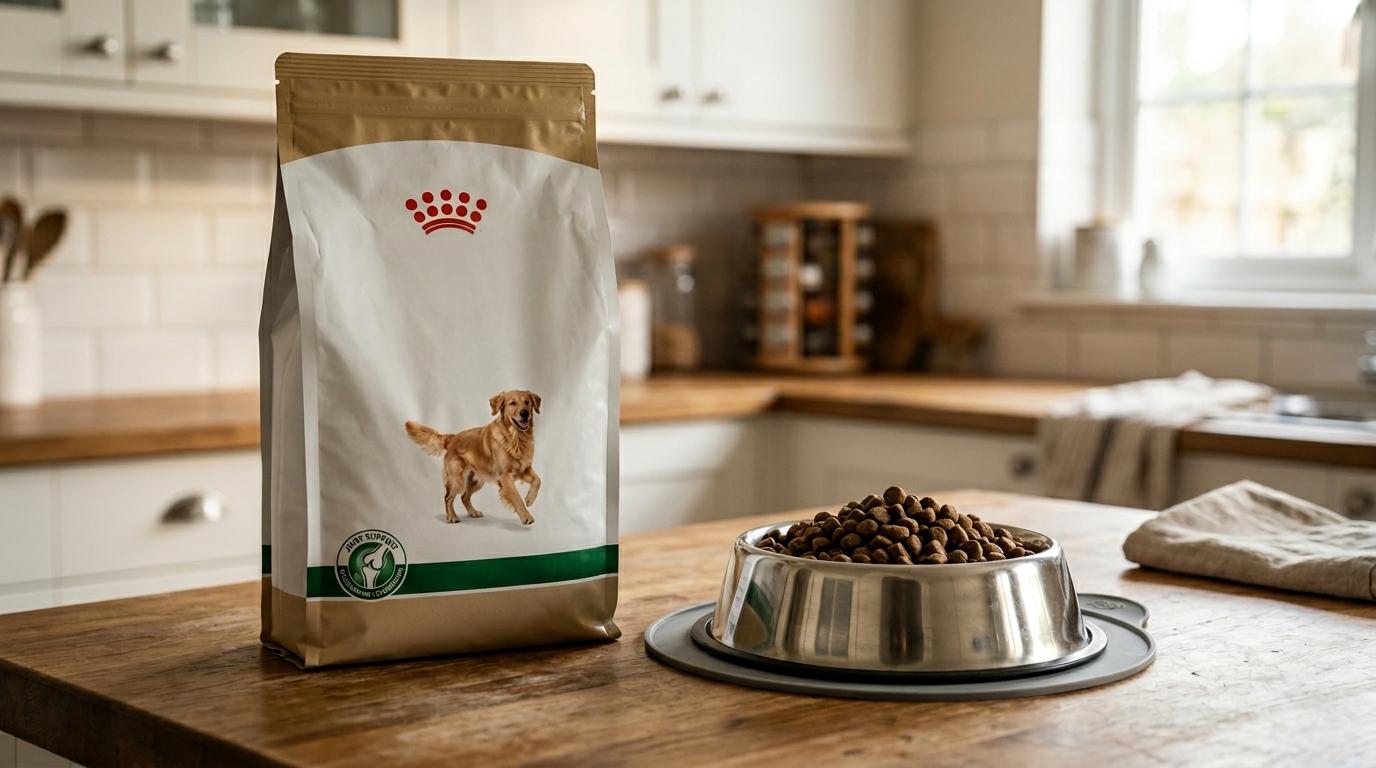 A bag of prescription veterinary joint diet food beside a stainless steel bowl of kibble, soft kitchen light