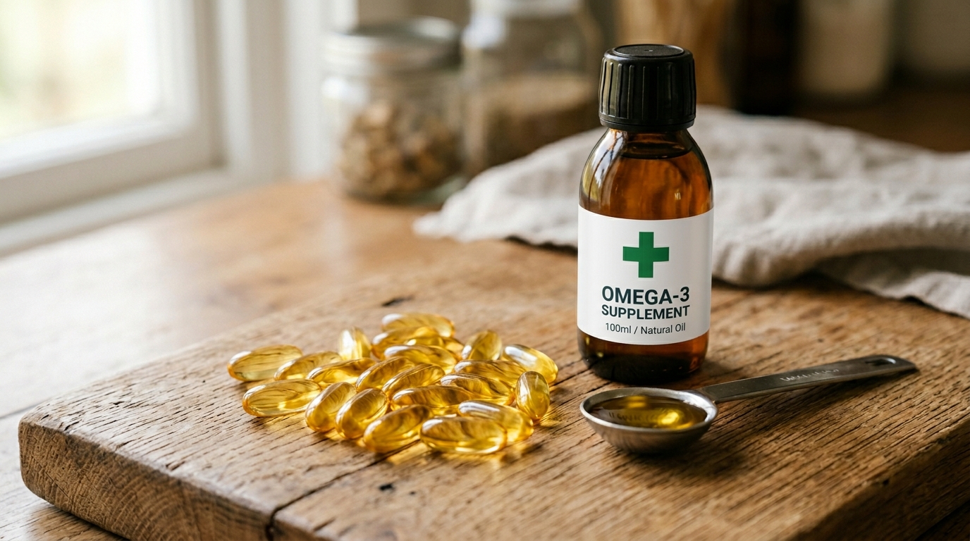 Golden fish oil capsules and a small amber bottle of liquid fish oil on a wooden surface with a measuring spoon, soft natural light