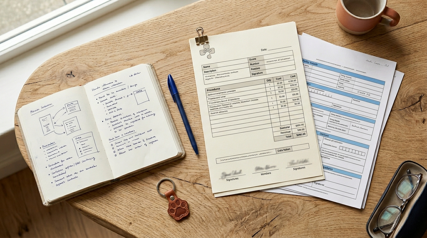 A flat lay of veterinary documents: a treatment-plan estimate, insurance papers, a pen and a notebook, soft natural light, still life