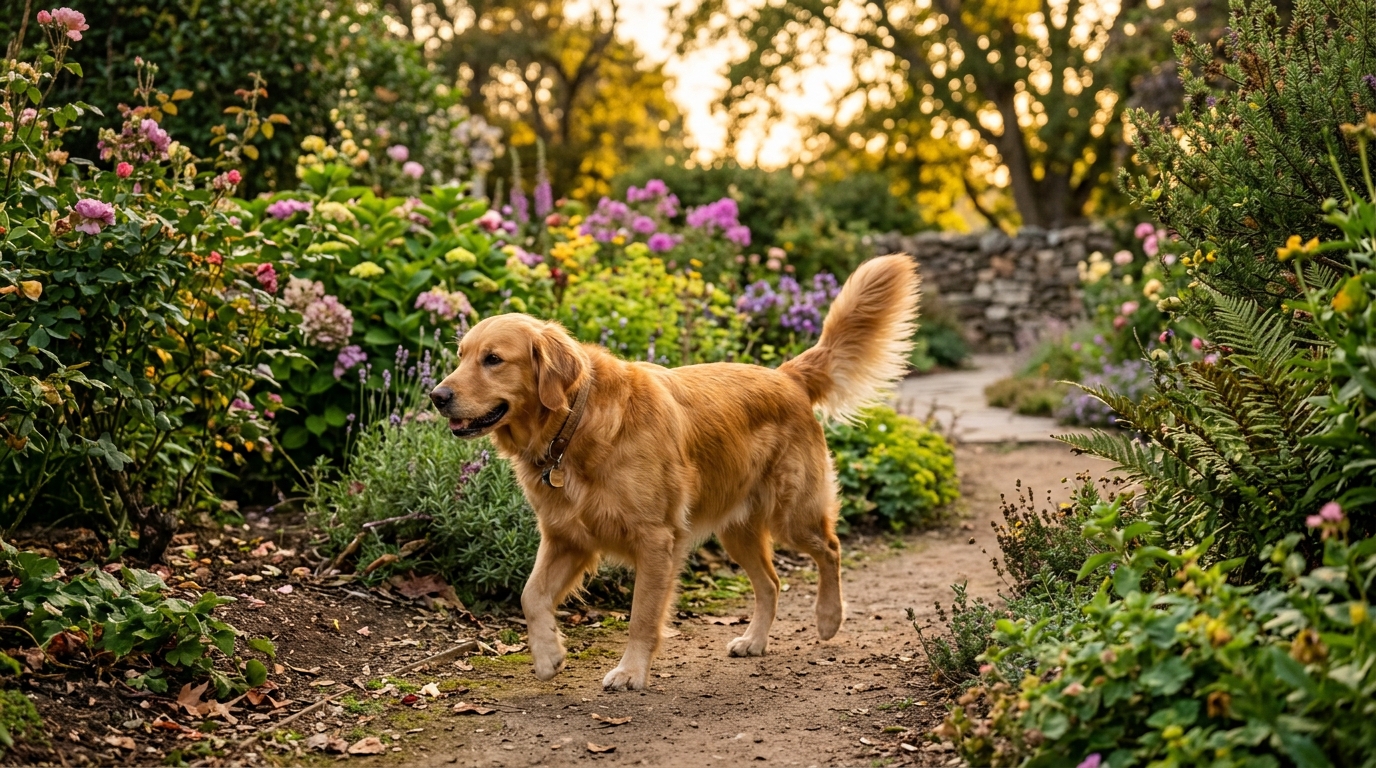 A dog walking confidently in a garden some months after recovery, gait clearly fluid and comfortable, late afternoon golden light