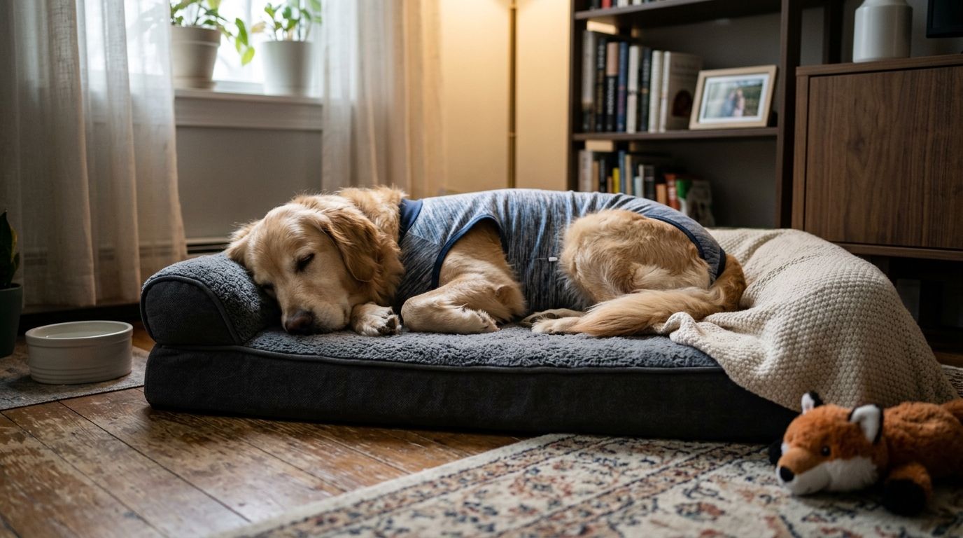 A dog recovering at home after surgery wearing a soft recovery suit, resting calmly on a quality orthopaedic bed in a quiet area, soft warm light