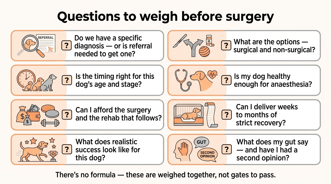 A clean checklist infographic titled Questions to weigh before surgery, presenting the key questions to think through and discuss with your vet and family, deliberately not a flowchart and not producing a single yes or no answer