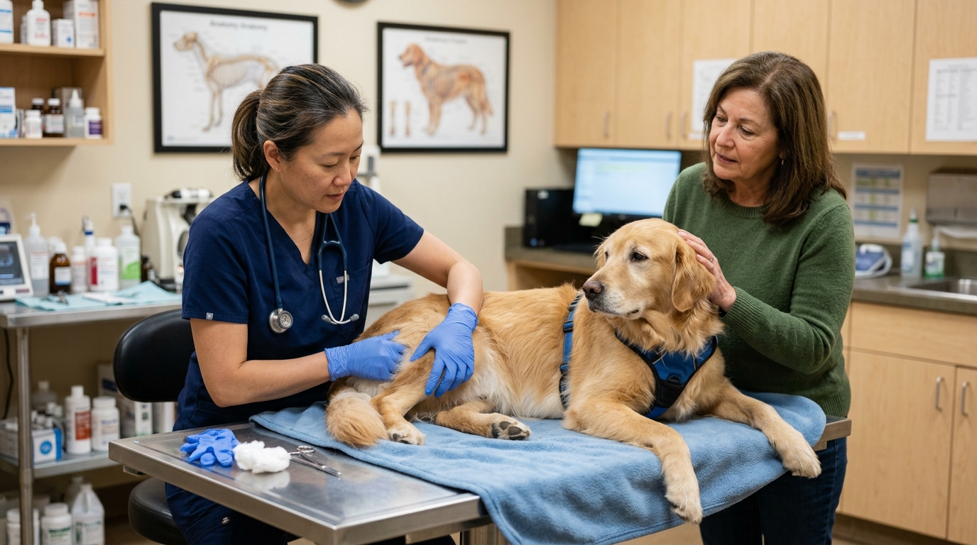 A veterinary specialist examining a dog calmly on a clinical table while the owner observes, the specialist's hands gently assessing the hip joint, soft clinical light