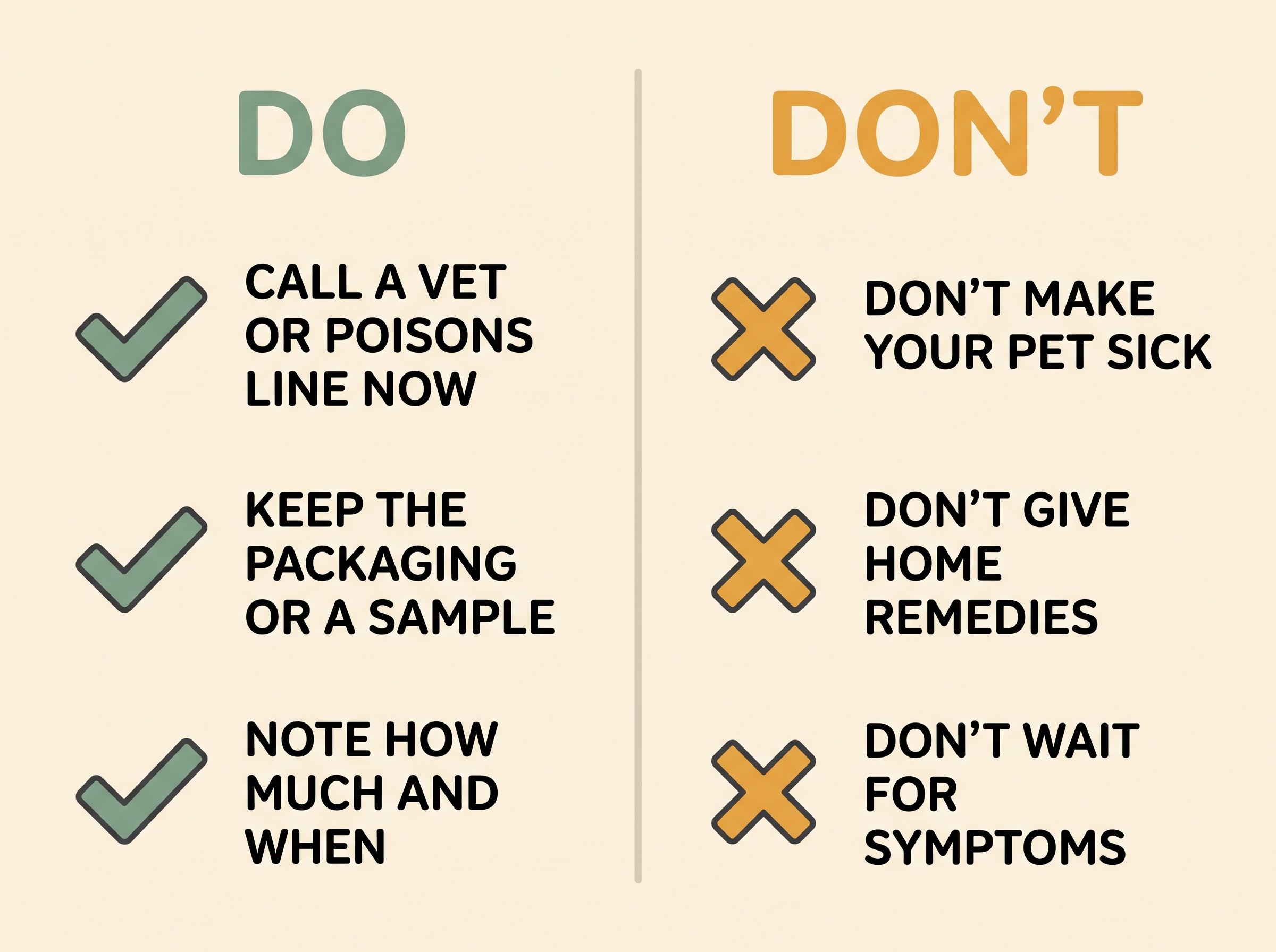 A two-column card on warm cream headed "DO / DON'T", the left sage-green column listing "call your vet or a poisons line now", "keep the packaging or a sample", "note how much and when", the right amber column listing "don't make your pet sick", "don't give home remedies", "don't wait for symptoms", in soft charcoal linework.