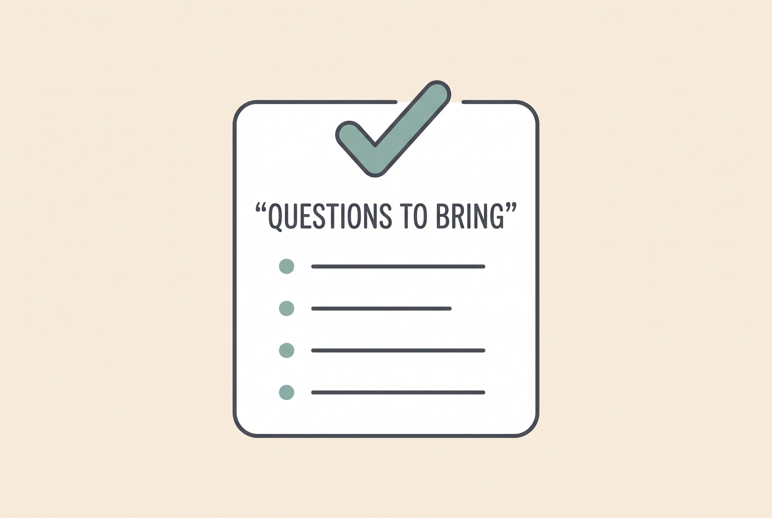 A short checklist card headed with a calm sage-teal tick, listing the questions to bring to the appointment
