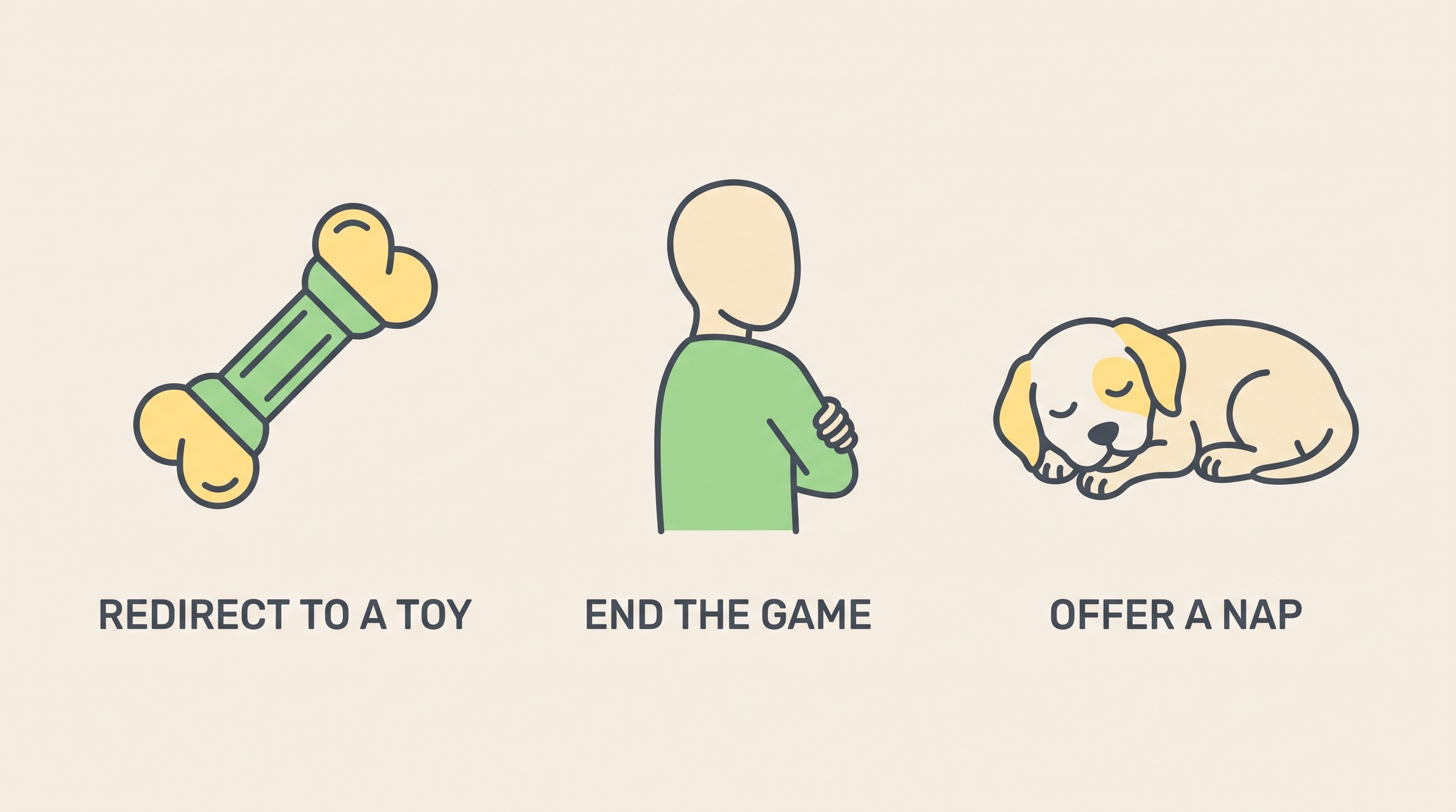 A simple flat illustration showing three responses to biting: swap in a chew toy, calmly end the game and turn away, and offer a nap, each clearly labelled.