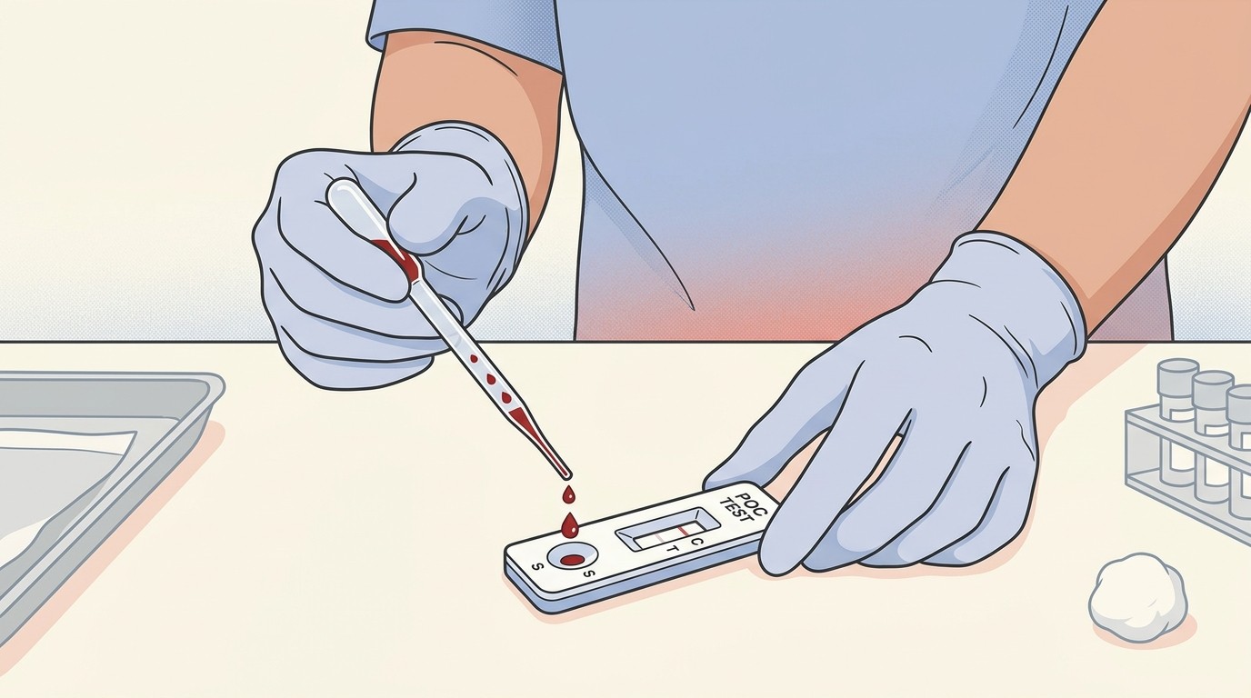 A vet performing an in-clinic combined FIV and FeLV blood test on a small sample from a calm cat