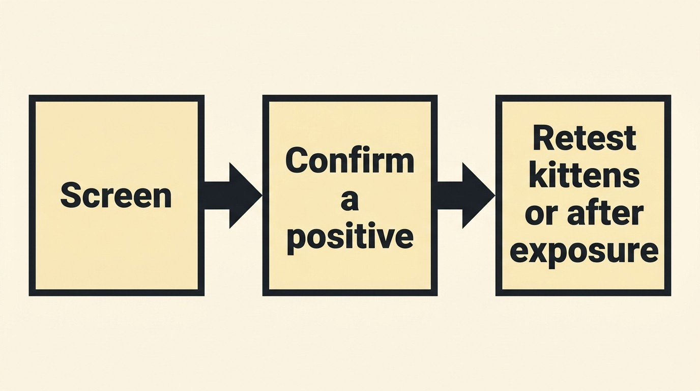 A simple flow showing screening first, then confirming any positive with a second method, then retesting kittens or after a window period