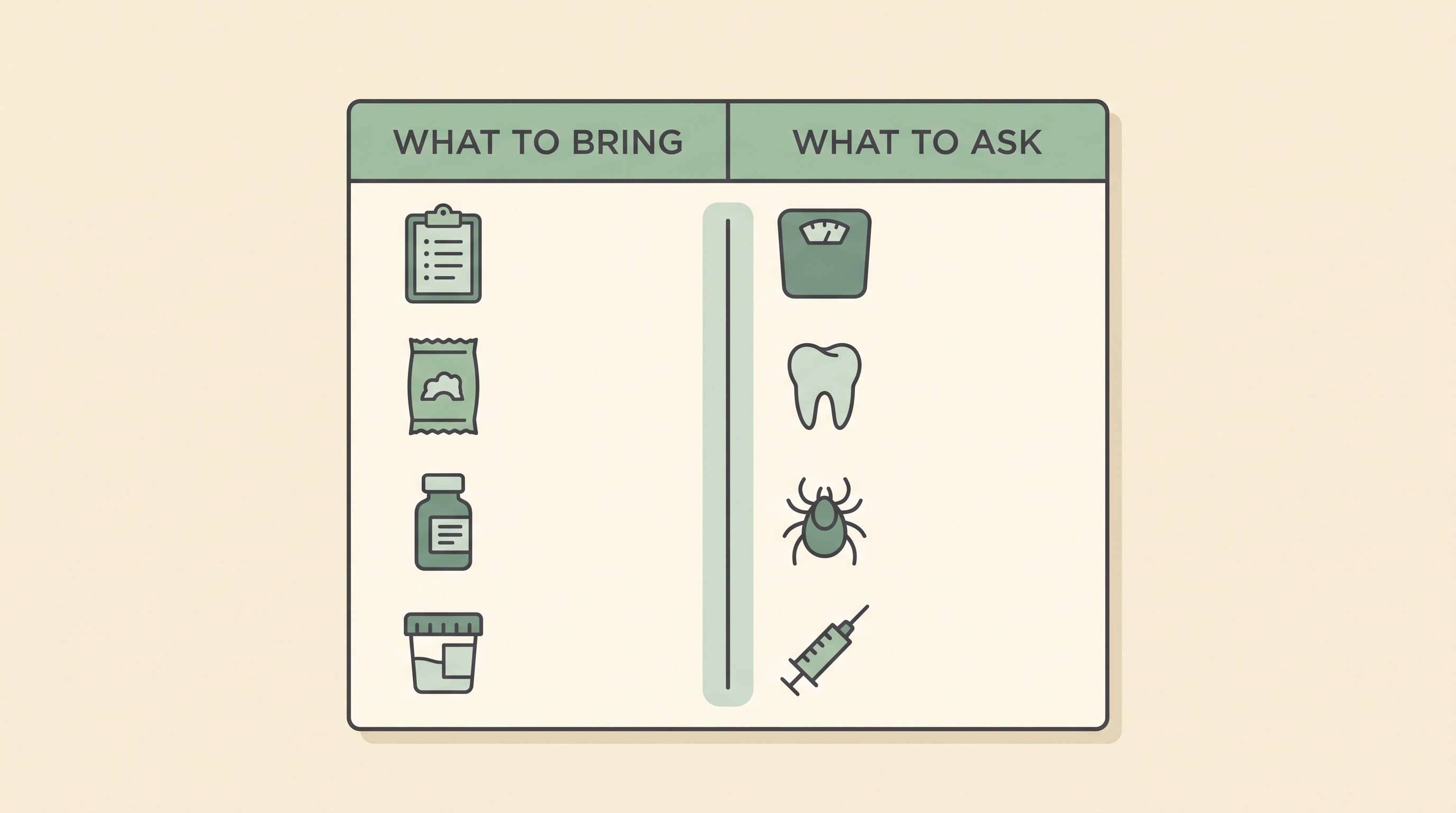 A flat-vector two-column note card on warm cream in soft charcoal, sage-green headers, left column headed verbatim "WHAT TO BRING" listing icons for a notes list, current food, medication names, and any samples asked for, right column headed "WHAT TO ASK" listing weight, dental, parasite plan and booster status
