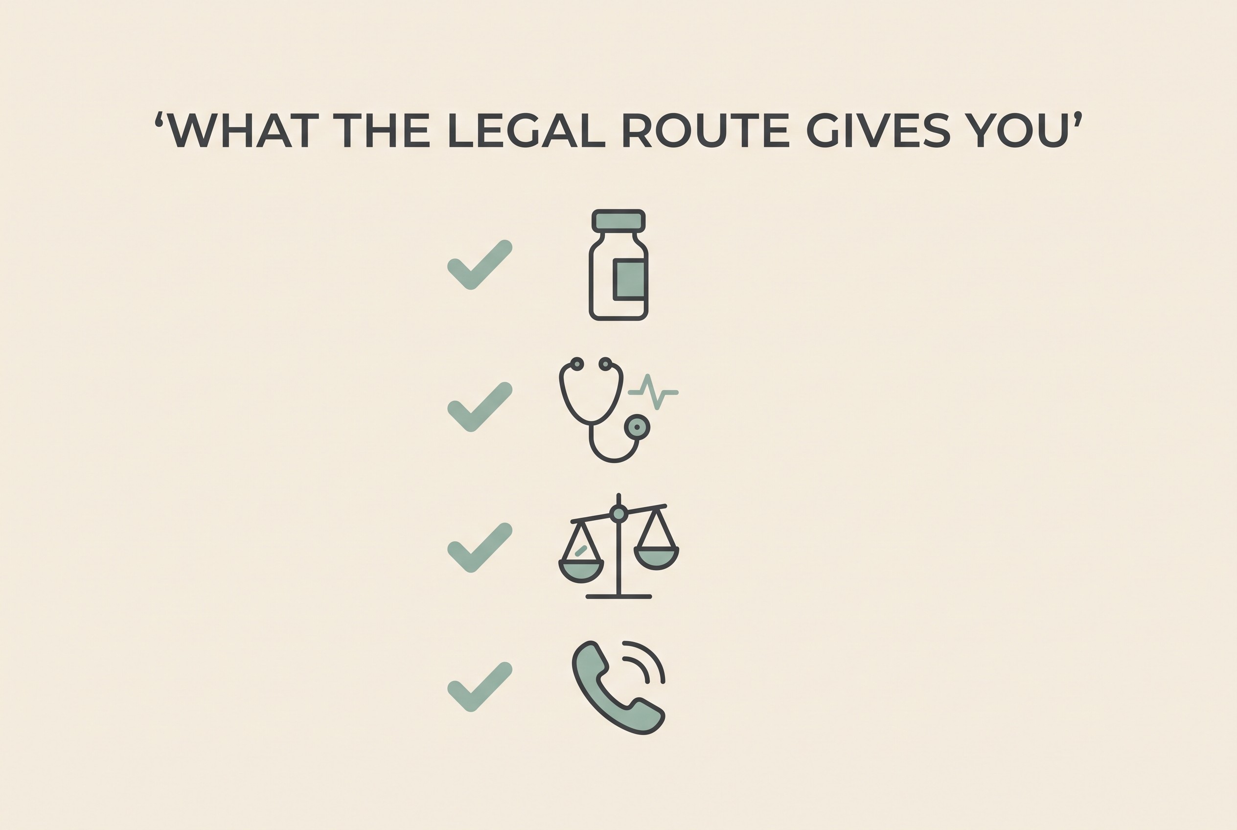 A calm comparison card, no amber, listing what the legal route provides that an online purchase cannot