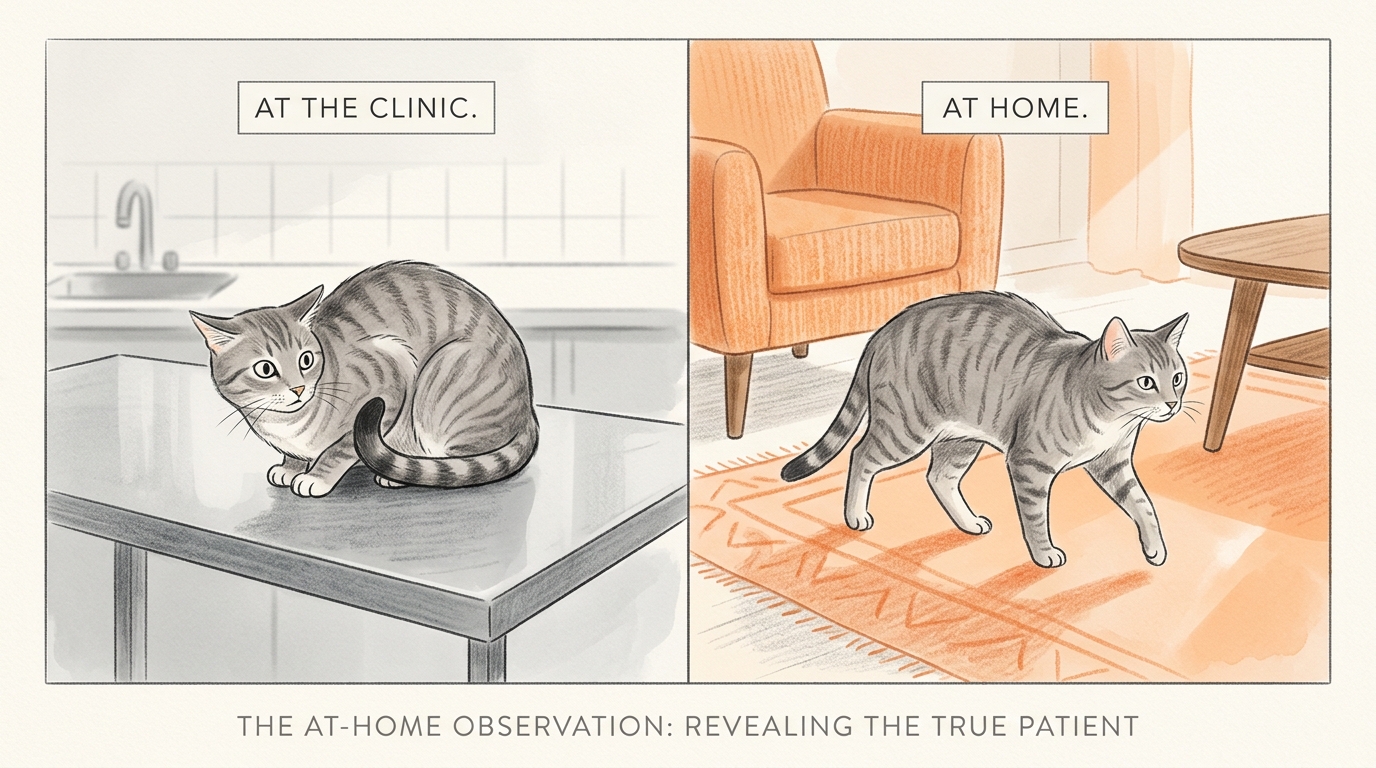 A tense clinic cat beside the relaxed home cat, showing they are not the same patient