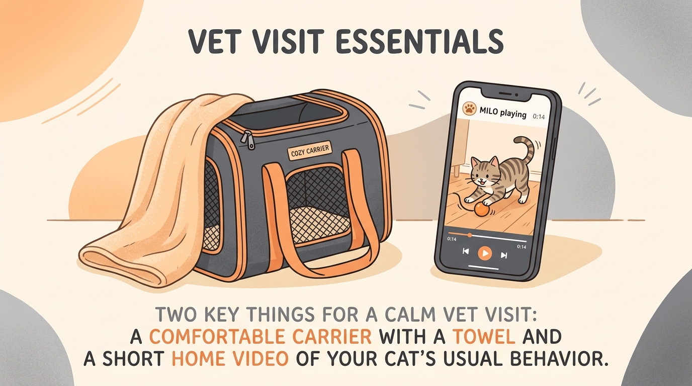 A top-opening towel-covered carrier and a phone with a home video