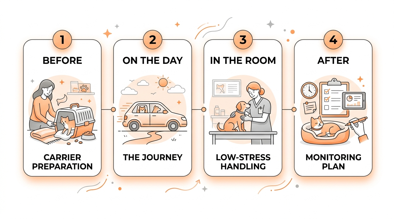 A four-step cat-friendly visit timeline: before, on the day, in the room, after