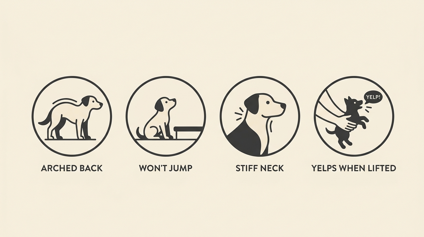 A four-icon row of early disc-pain signs