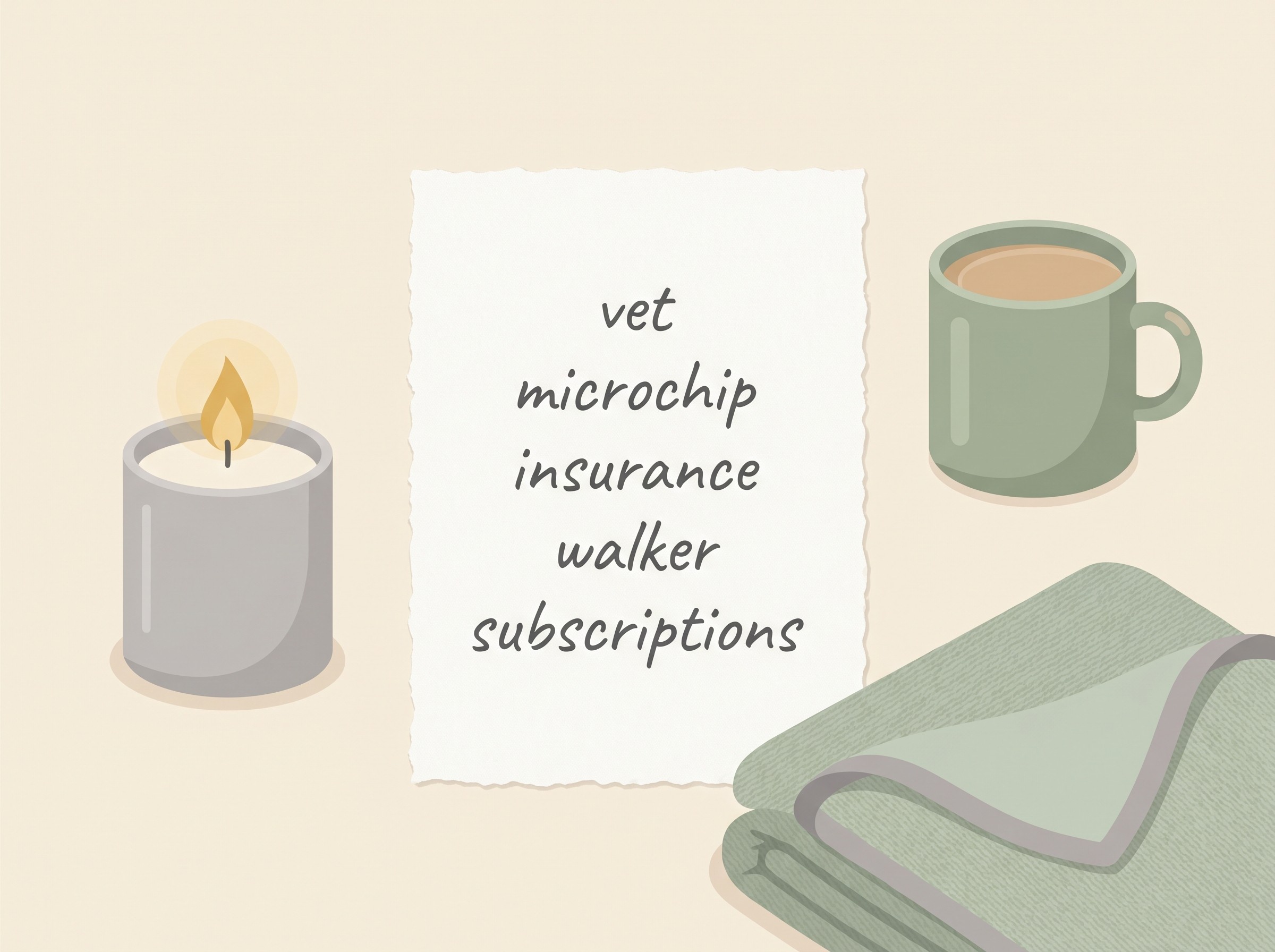 A calm flat-lay illustration on a warm cream background of a small handwritten first-days checklist card beside a candle, a mug and a folded blanket, the list reading vet, microchip, insurance, walker, subscriptions in gentle handwriting