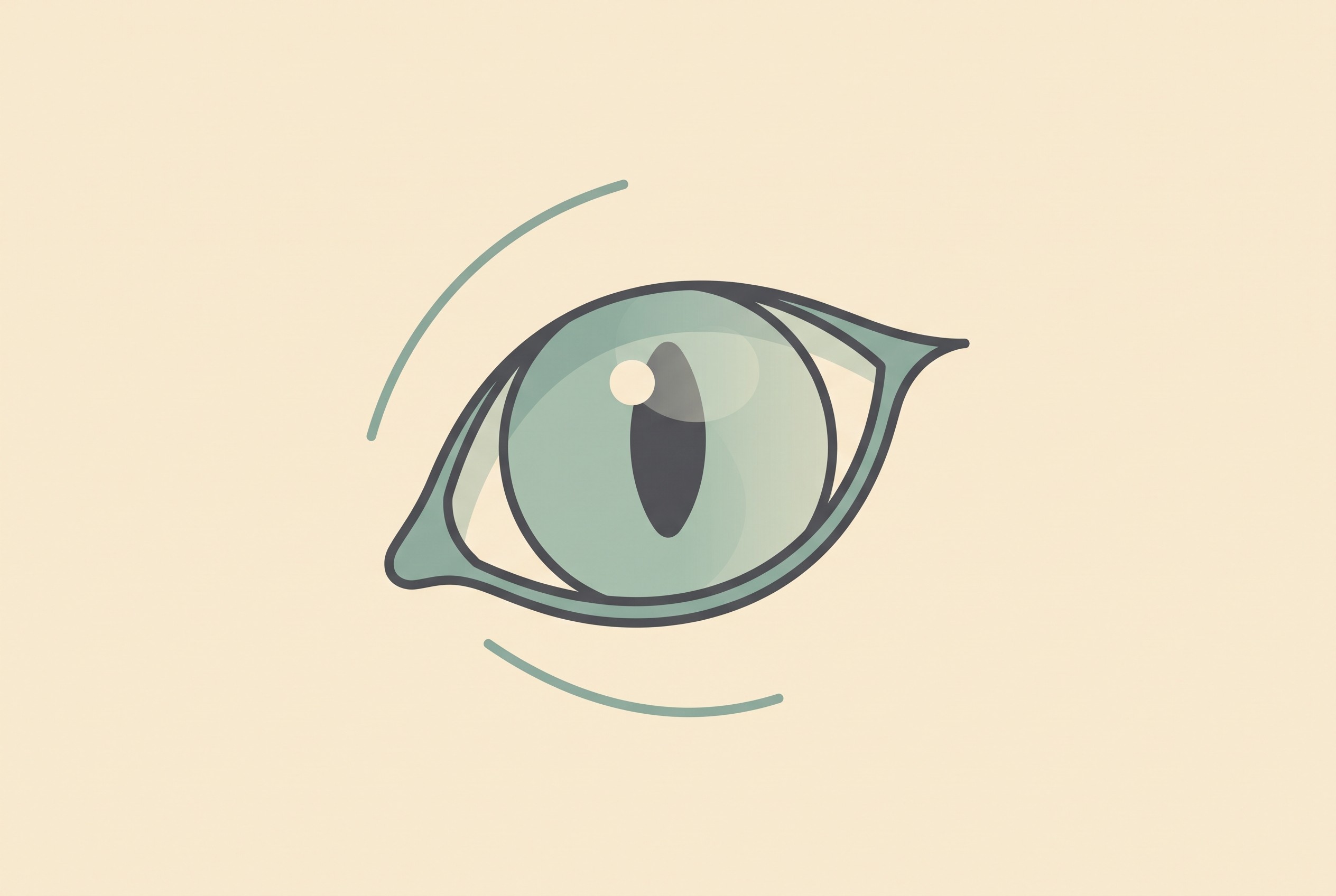 A gentle illustration on cream of a single calm cat eye with a soft haze and a slight colour change across the iris, sage-teal accent, soft charcoal, clearly diagrammatic and not distressing