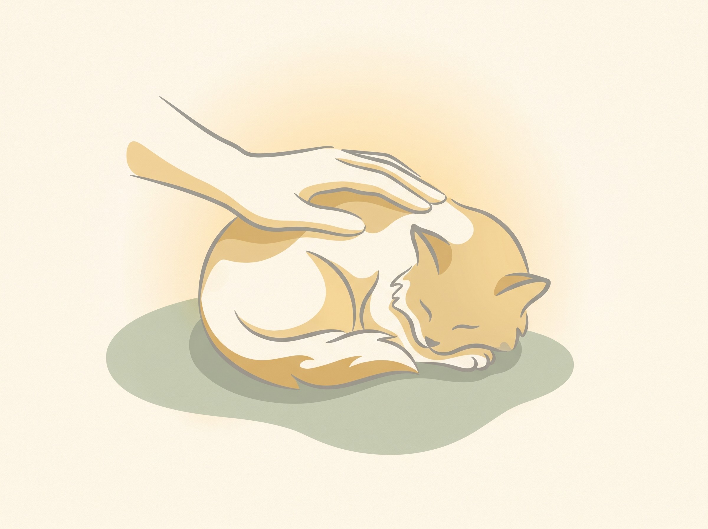 A hand resting gently on a sleeping cat, in soft candle-gold light, no clinical detail