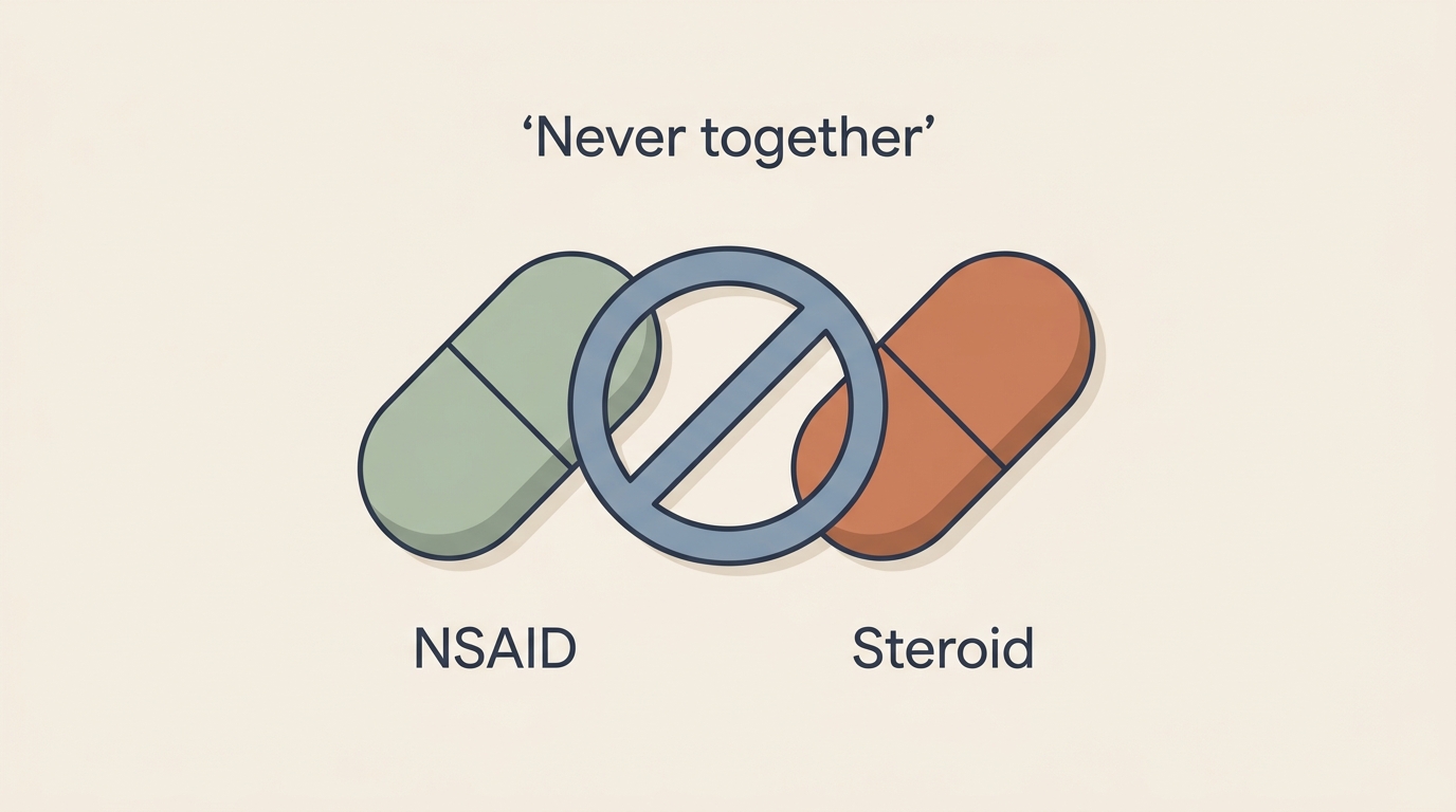 A caution panel showing NSAIDs and steroids must not be combined